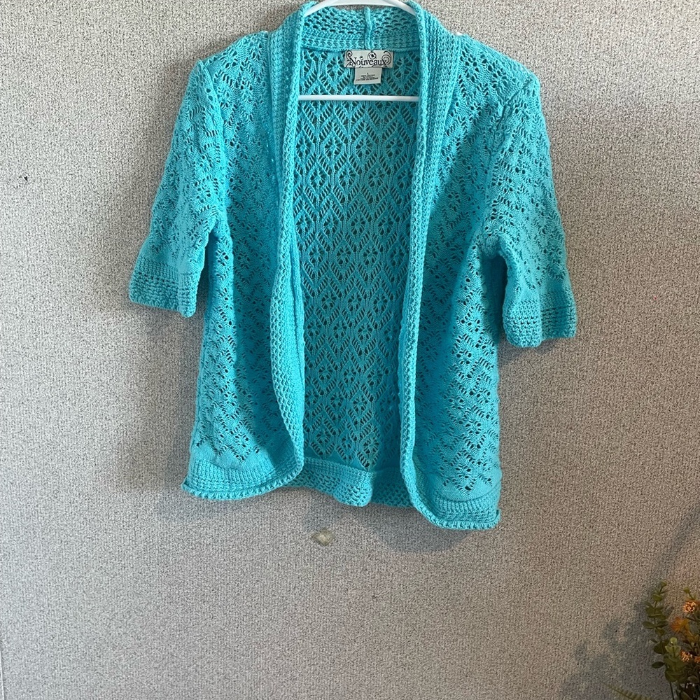 Blue Open-Front Cardigan with Textured Knit‎ Pattern